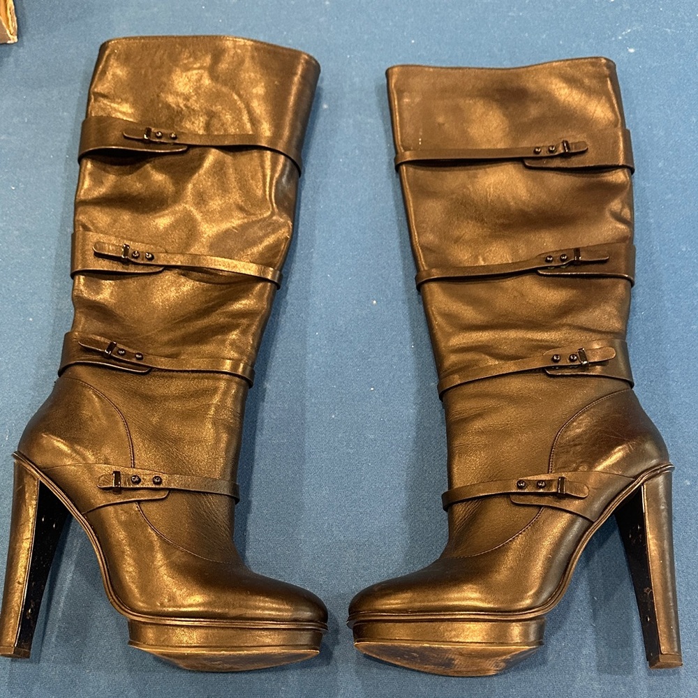 BCBGMaxAzria Black High-Heel Knee Boots with Buckle Straps